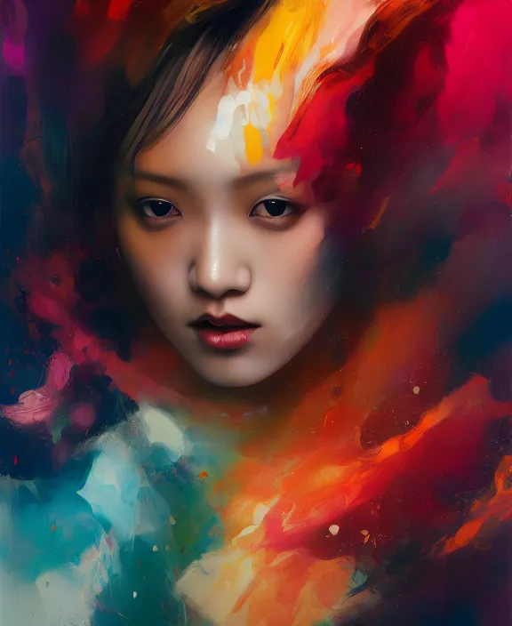 Prompt: fantastic amateur beautiful asian women with short hair into fluid infinity variations of colours mass, close - up, piotr jablonski, jeff dekal, jeff simpson, intricate details, hyperrealistic oil painting on canvas, deep depth field, hd, hdr, 4 k, 8 k