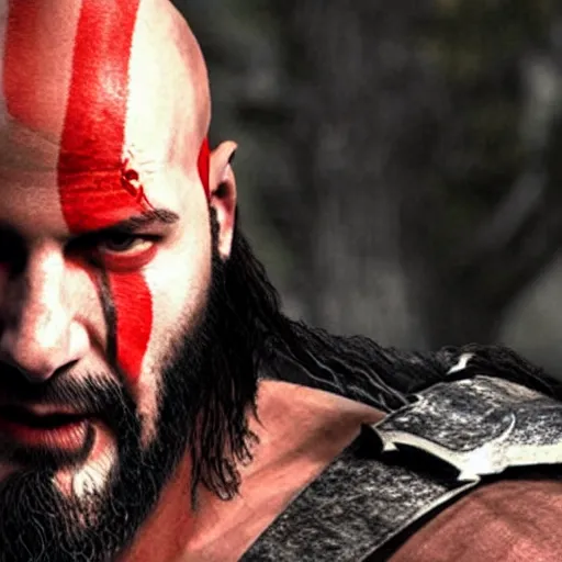 Image similar to Keanu Reeves as Kratos from god of war game