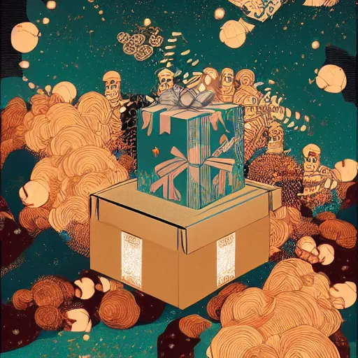 Prompt: feeling of infinite and repition with a box inside gift box which is inside another gift box with another box inside like matriochkas, illustration by victo ngai