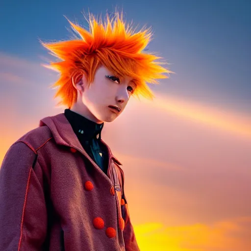 Image similar to orange - haired anime boy, 1 7 - year - old anime boy with wild spiky hair, wearing blue jacket, golden hour, partly cloudy sky, red clouds, orange sky, old town, strong lighting, strong shadows, vivid hues, ultra - realistic, sharp details, subsurface scattering, intricate details, hd anime, 2 0 1 9 anime