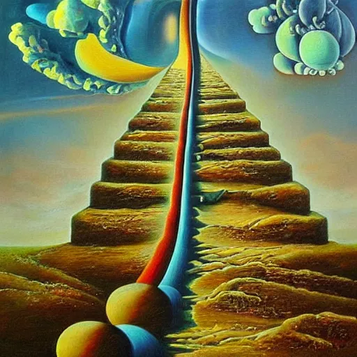 Image similar to stairway to heaven, surrealism, oil on canvas, high detail, masterpiece