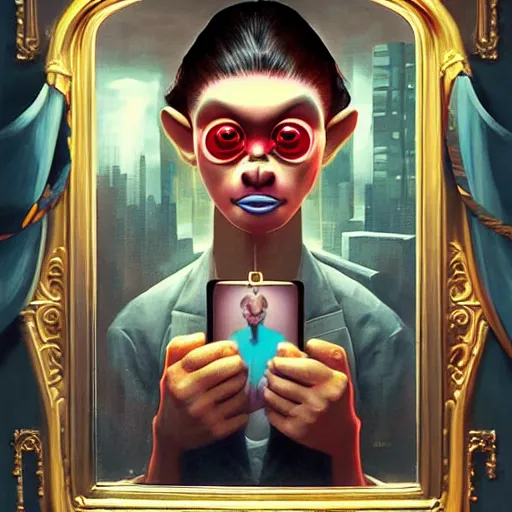 Image similar to lofi monkey in front of a mirror reflecting anger facial expression of a human face, symmetrical hands, doctors mirror, Pixar style by Tristan Eaton Stanley Artgerm and Tom Bagshaw, high detail