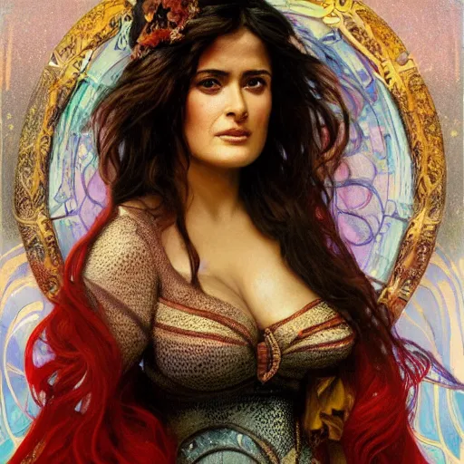 Prompt: salma hayek head and shoulders portrait by alfons mucha, playful, fantasy, medieval, beautiful face, perfect detailed eyes, vivid colrs, elegant, concept art, sharp focus, digital art, hyper - realistic, 4 k, unreal engine, highly detailed, hd, dramatic lighting by brom, trending on artstation