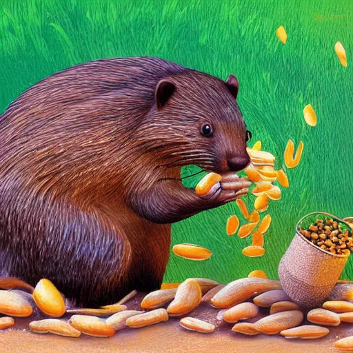 Image similar to digital painting of a beaver spitting seeds into a bucket, detailed, glow,