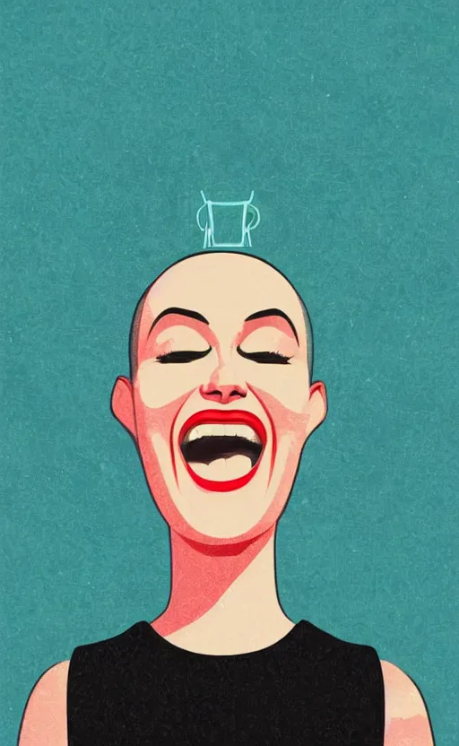 Image similar to illustration portrait of a woman with white buzzcut laughing out loud, art deco painting by tom whalen, funny meme photo, trending on behance, digital illustration, storybook illustration, grainy texture, flat shading, vector art, airbrush, pastel, watercolor, poster