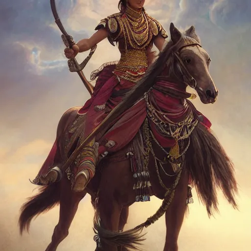Prompt: portrait painting of a nepali female warrior and riding a horse, ultra realistic, concept art, intricate details, eerie, highly detailed, photorealistic, octane render, 8 k, unreal engine. art by artgerm and greg rutkowski and alphonse mucha