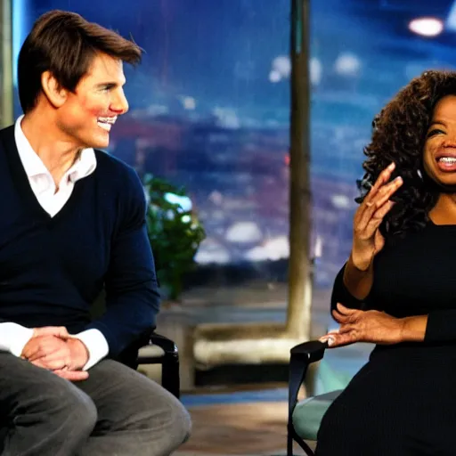 Image similar to Tom Cruise shooting lightning from his hands towards Oprah on her tv show