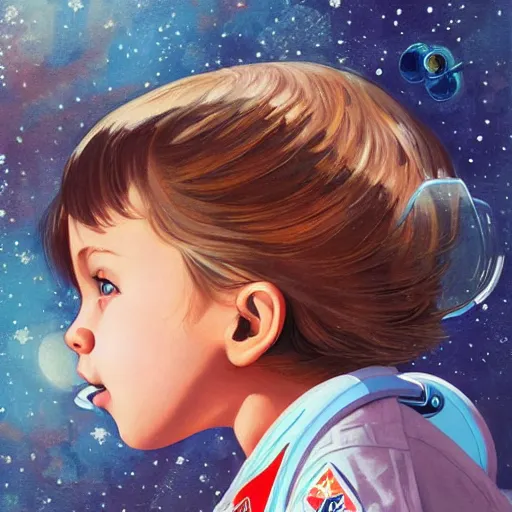 Image similar to a painting of a little girl with short wavy curly light brown hair and blue eyes, floating in space. she is an astronaut, wearing a space suit. beautiful detailed face line art by ilya kuvshinov