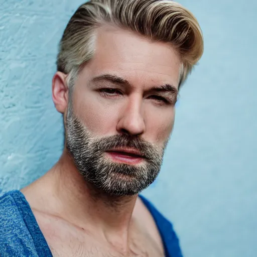 Image similar to close up of face of good looking 4 0 year old blond man with blond stubble, very short wavy blond hair in a short pompadour style, very pale skin, blue eyes, hairy shoulders, hairy chest, color portrait, 4 k