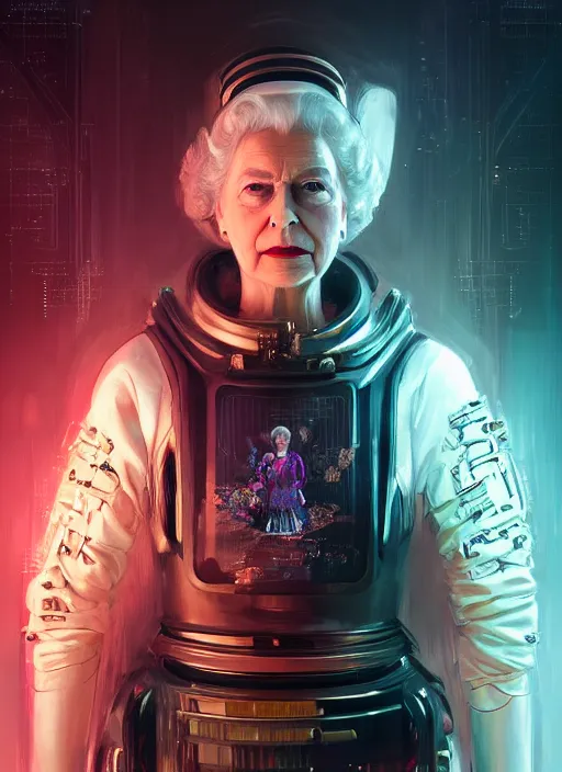 Prompt: portrait of queen elizabeth the second as a character in Cyberpunk 2077, looking at camera, intricate, dystopian, sci-fi, extremely detailed, digital painting, artstation, concept art, smooth, sharp focus, illustration, intimidating lighting, incredible art by artgerm and greg rutkowski and alphonse mucha and simon stalenhag