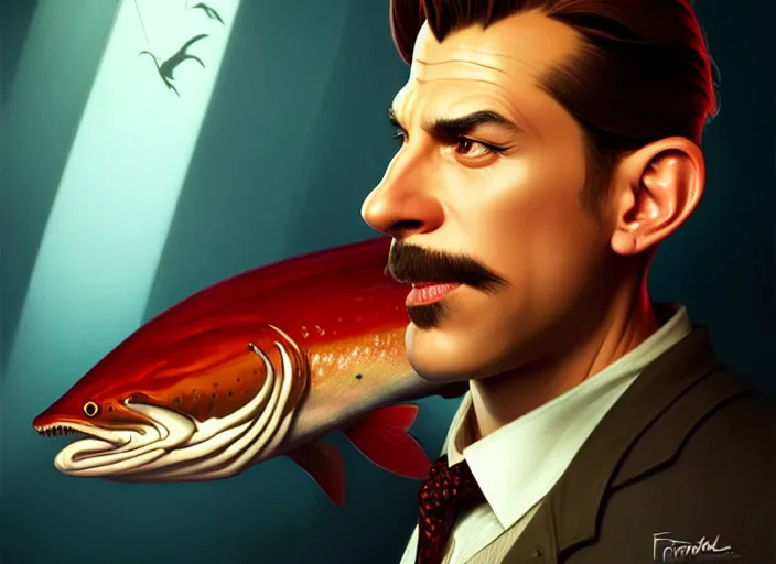 Image similar to a anthropomorphic salmon wearing a detective outfit, diffuse lighting, fantasy, film noir vibes, intricate, elegant, highly detailed, lifelike, photorealistic, digital painting, artstation, illustration, concept art, smooth, sharp focus, art by frank frazetta and marco bucci and loish and rossdraws and artgerm and alphonse mucha