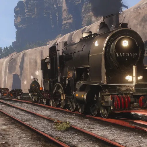 Image similar to futuristic sleek steam locomotive in red dead redemption 2