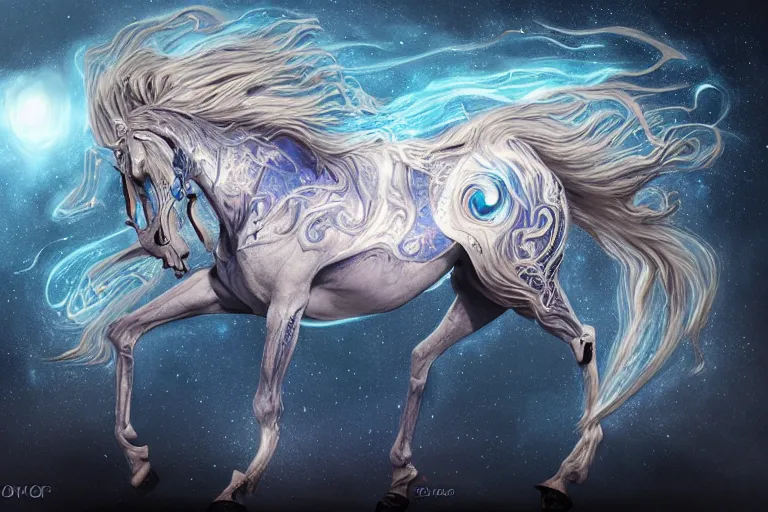 Image similar to a wlop 3 d render of very very very very highly detailed beautiful mystic portrait of a phantom undead horse with whirling galaxy around, tattoos by anton pieck, intricate, extremely detailed, digital painting, artstation, concept art, smooth, sharp focus, illustration, intimidating lighting, incredible art,