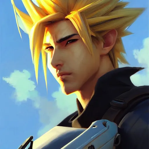 Image similar to Greg Manchess portrait painting o Cloud Strife as Overwatch character, medium shot, asymmetrical, profile picture, Organic Painting, sunny day, Matte Painting, bold shapes, hard edges, street art, trending on artstation, by Huang Guangjian and Gil Elvgren and Sachin Teng