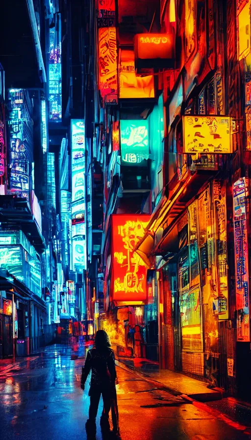 Prompt: cyberpunk city at night, night clubs and neons, rain, girl under lantern