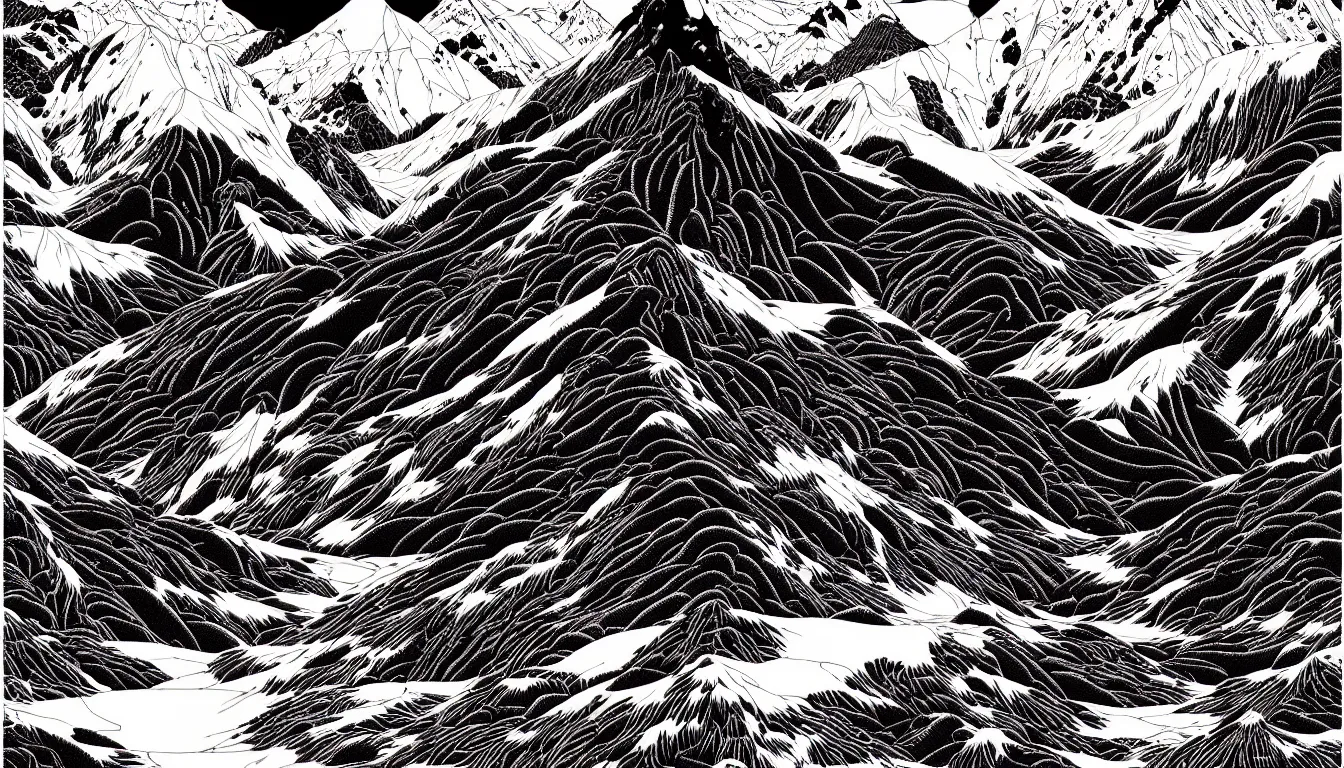 Prompt: himalayas by woodblock print, nicolas delort, moebius, victo ngai, josan gonzalez, kilian eng