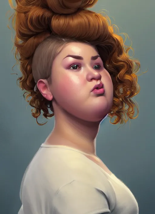 Image similar to full body portrait of teenage betty cooper, obese, bangs, ponytail, sultry, realistic, sultry smirk, ponytail hairstyle, fluffy bangs, curly bangs, skirt, fat, belly, intricate, elegant, highly detailed, digital painting, artstation, concept art, smooth, sharp focus, illustration, art by wlop, mars ravelo and greg rutkowski