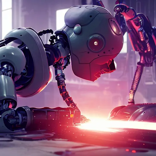 Prompt: a close up shot of a robot repairing in factory,cyberpunk,2077