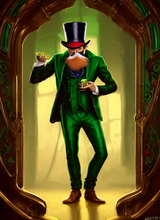 Prompt: cinematic portrait of leprechaun trickster, green tailored suit and top hat with gold buckle, bright red hair and bushy beard by artgerm, cushart krenz, greg rutkowski, mucha. art nouveau. gloomhaven, glowing lucky charms, vibrant colors, sharp edges. ultra clear detailed. 8 k. elegant, intricate, octane render