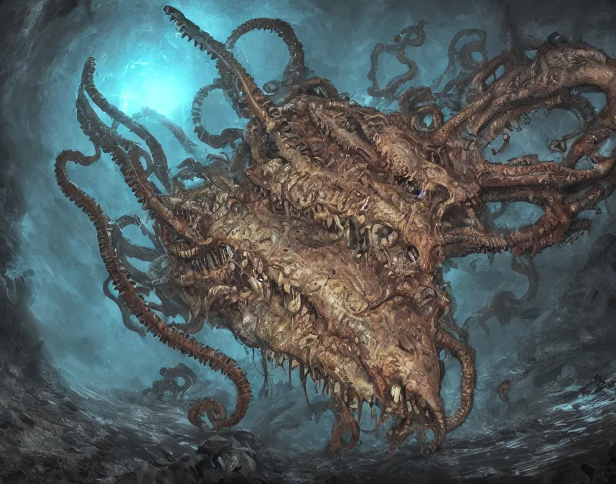 Prompt: a lovecraftian monster in the depths of the mariana trench, digital painting, unreal engine, ancient horror