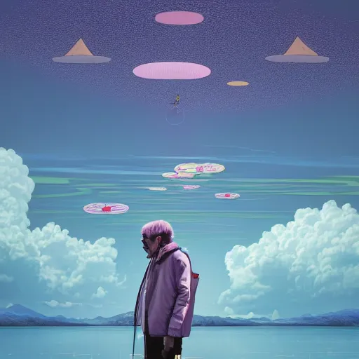 Image similar to a man walking on clouds away from the camera above a lake by takashi murakami, beeple and james jean, aya takano color style, 4 k, super detailed, modern, 4 k, symmetrical