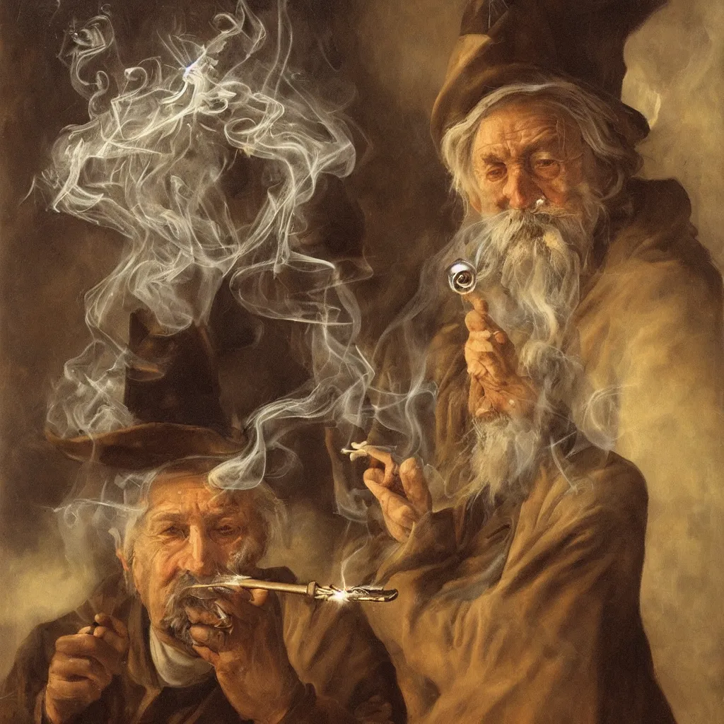 Image similar to old wizard sitting and smoking on a pipe, the smoke forming into geometric shapes, high detail, fantasy oil painting, soft lighting, dutch masters