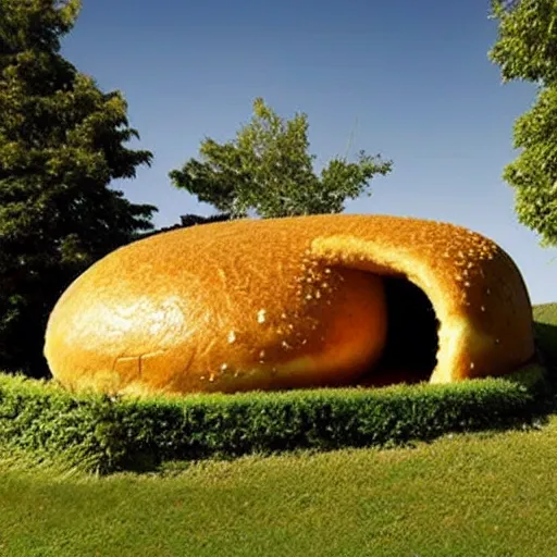 Image similar to a house that looks like a hamburger, with a human living inside