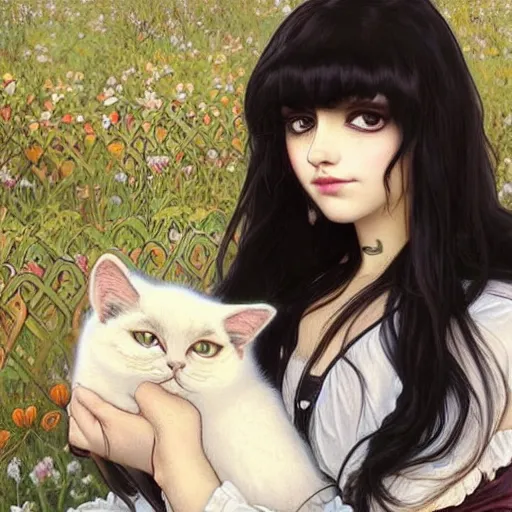 Prompt: cute emo mexican girl and her cat, with long dark hair, thick eyebrows!!! deep dark big shiny eyes and dark circles!, wide nose!!!, oval face shape, big cheeks! by juan villafuerte, greg rutkowski and alphonse mucha, pexels contest winner, high quality photo, rtx, hd