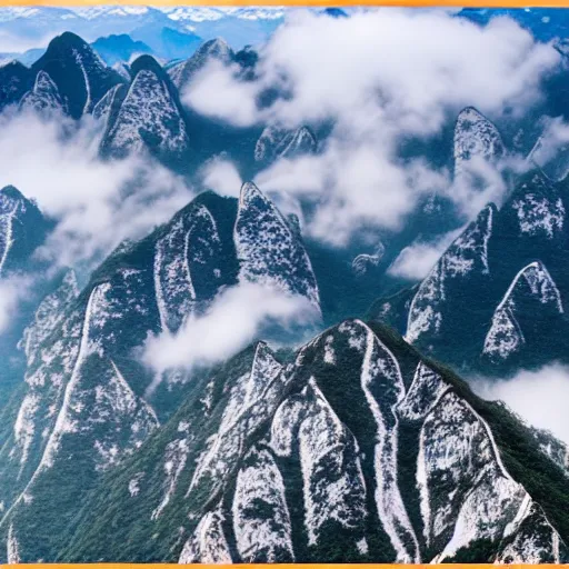 Image similar to Cloudy peaks in southern China, the style of National Geographic magazine