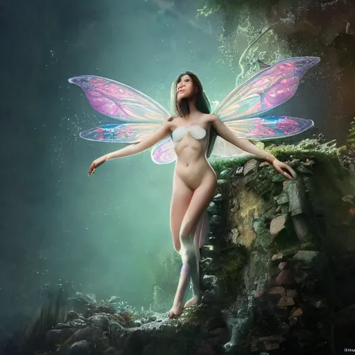 Image similar to full body pose, hyperrealistic mixed media painting of beautiful fairy, dim volumetric lighting, 8 k, octane beautifully detailed render, extremely hyper detailed, intricate, epic composition, cinematic lighting, masterpiece, trending on artstation, very very detailed, masterpiece, stunning, hdr, smooth, sharp focus, high resolution, award, winning photo, dslr, 5 0 mm