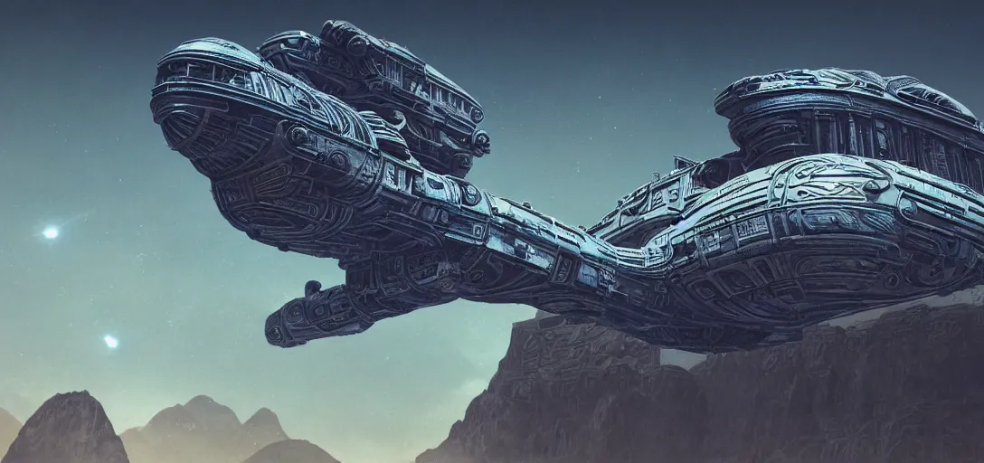 Dune spaceship by H.R. Giger launching from Machu | Stable Diffusion