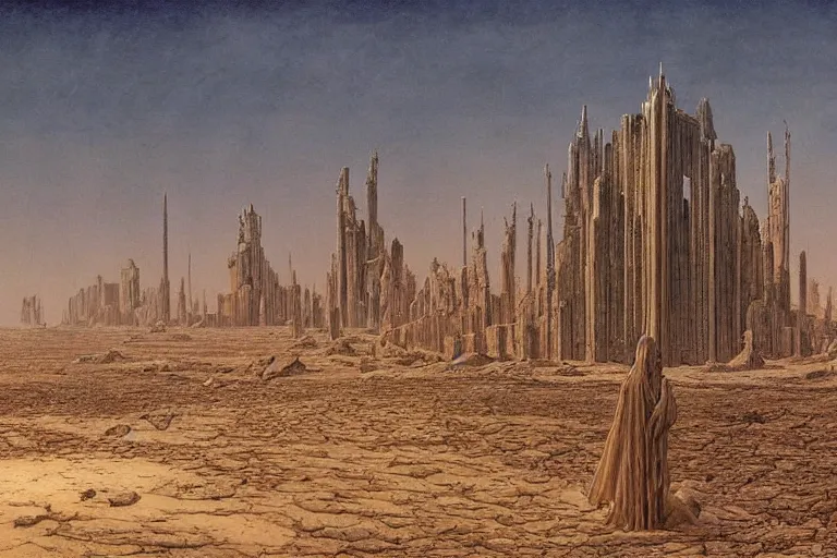 Image similar to intricate, 3 d, endless wastes vast desert abandoned buildings, style by caspar david friedrich and wayne barlowe and ted nasmith