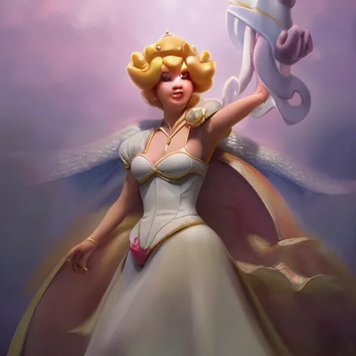 Image similar to princess peach, posing heroically, heavenly, full body close-up shot, elegant, realistic character concept, high fantasy, light atmosphere, golden ratio, cinematic lighting, hyperdetailed, high resolution, insanely detailed and intricate, artstation, Marc Simonetti, Greg Rutkowski, octane render, 8k