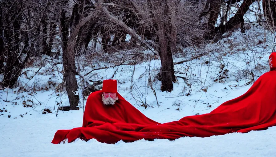 Image similar to 1 9 6 0 s movie still close up of marcus aurelius tired in a royal amor with red cape frozen to death under the snow by the side of a river with gravel, pine forests, cinestill 8 0 0 t 3 5 mm, high quality, heavy grain, high detail, texture, dramatic light, anamorphic, hyperrealistic, detailed hair, foggy