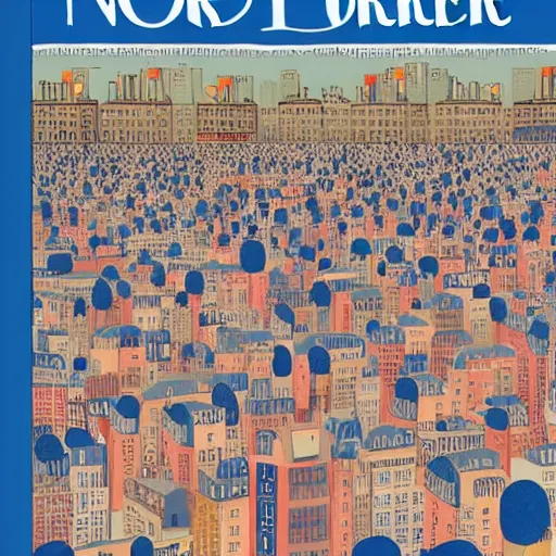 Prompt: cover of newyorker of Paris without water, over crowded by bots, wes anderson style,