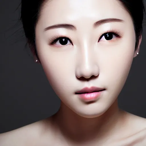 Image similar to photograph portrait bald korean japanese goddess of beauty neutral expression face straight on headshot even lighting no hair