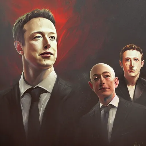 Image similar to portrait of elon musk, mark zuckerberg and jeff bezos together, together, very detailled, art contest winner on behance, trendy on deviant art, by by artgem, greg rutkowski