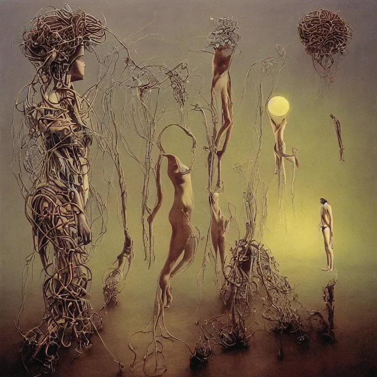 Image similar to Painting, Creative Design, album cover art, Biopunk, human mind, surrealist, by Zdzisław Beksiński and storm thorgerson