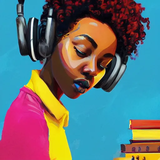 Prompt: lo-fi colorful masterpiece painting, black girl, curly hair, with headphones, studyng in bedroom, window with rio de janeiro view, lo-fi illustration style, by WLOP, by loish, by apofis, alive colors