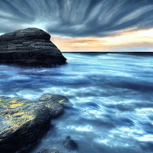 Image similar to sea whirl, rocks, dramatic sky, digital art,