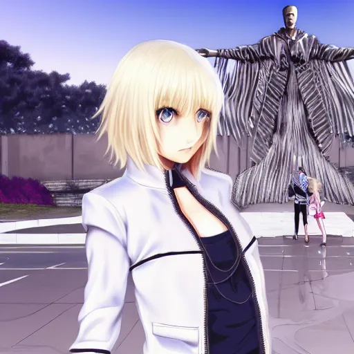 Prompt: aristocratic platinum - blonde - haired bob cut blue - eyed princess wearing white leggings and black jacket, standing next to communist monument, anime, hd anime wallpaper, hyperrealistic lighting, octane render, drawn by artgerm