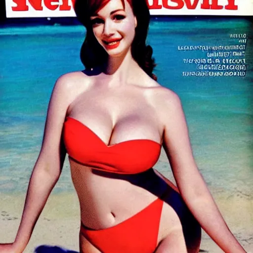 Prompt: Christina Hendricks on the cover of swimsuit illustrated 1965