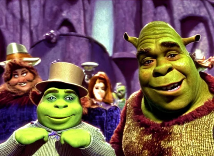 Prompt: film still of Shrek in Willy Wonka's and the Chocolate Factory 1971