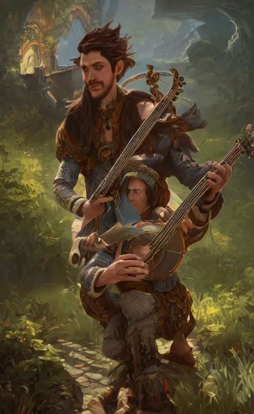 Prompt: male bard, playing the banjo, ruins landscape, d & d, fantasy, intricate, highly detailed, digital painting, artstation, octane render, concept art, matte, sharp focus, illustration, hearthstone, art by artgerm and greg rutkowski and alphonse mucha