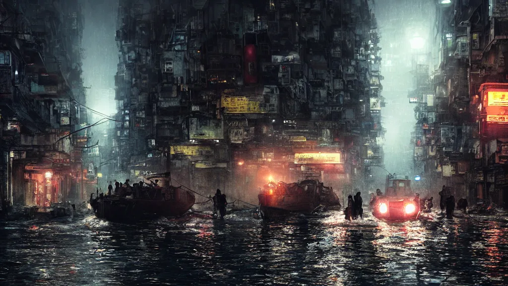 Image similar to dramatic Photorealistic, Matte Painting of a tug boat with bright head lights exploring a busy post apocalyptic flooded Hong Kong city street at night,dark Tall buildings by Greg Rutkowski,Craig Mullins,Hyperrealism,Beautiful dramatic moody lighting,Cinematic Atmosphere,Volumetric,VRay Rendering,8K