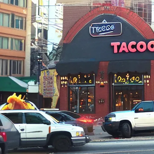 Image similar to a taco monster the size of a car causing chaos downtown