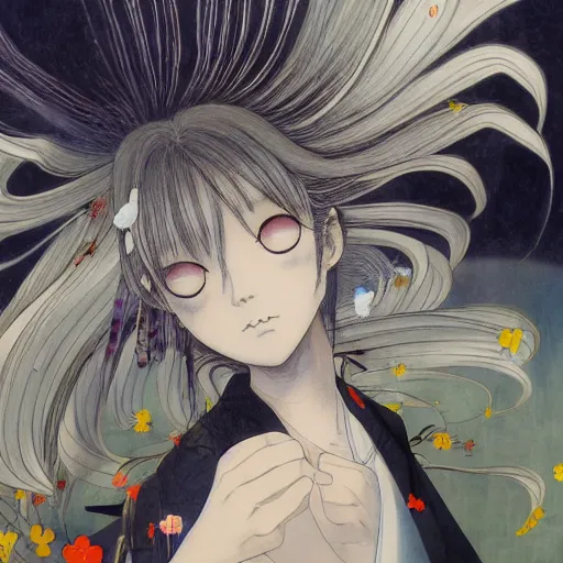 Image similar to yoshitaka amano blurred and dreamy realistic illustration of an anime girl with black eyes, wavy white hair fluttering in the wind wearing dress suit with tie, junji ito abstract patterns in the background, satoshi kon anime, noisy film grain effect, highly detailed, renaissance oil painting, weird portrait angle, blurred lost edges, three quarter view