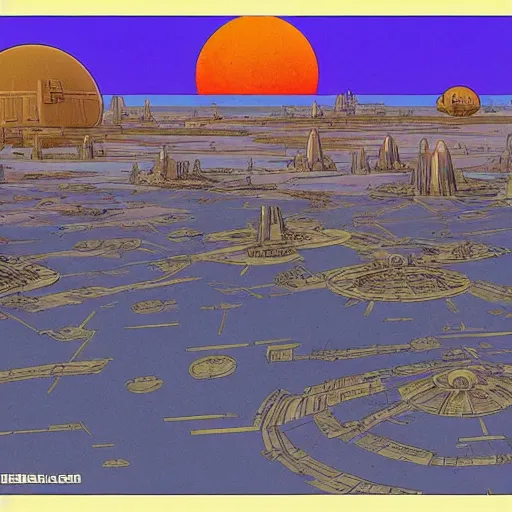 Image similar to Star Wars Tatooine city in the style of Jean Giraud, Moebius