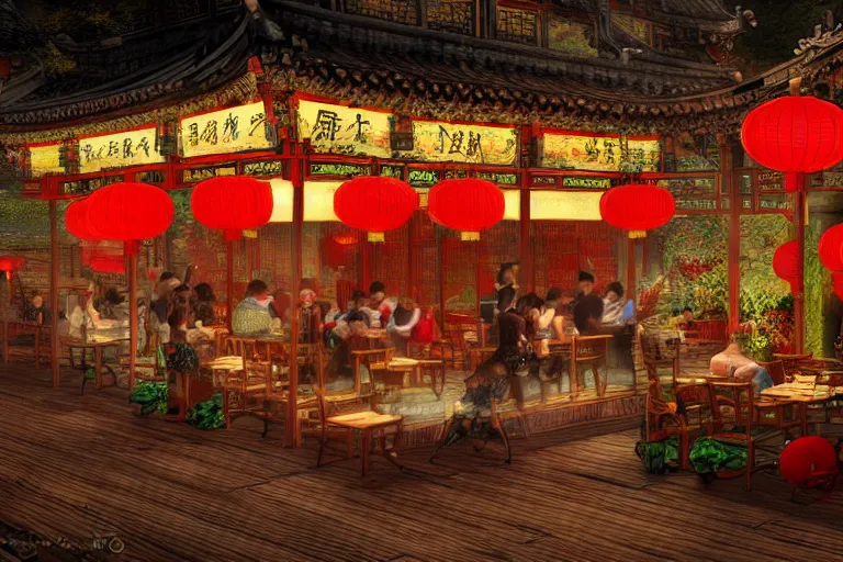 Image similar to a bustling tea house in china, lit by paper lanterns, at night, fantasy art, highly detailed digital art, trending on artstation