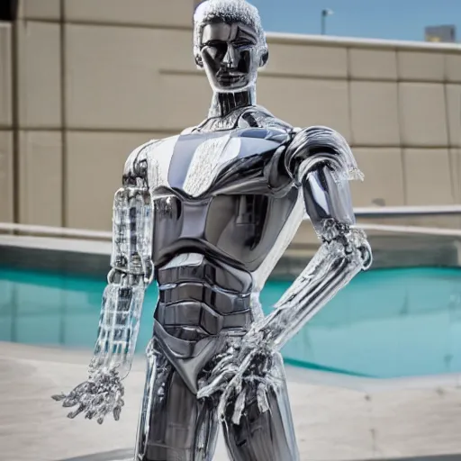 Image similar to made of ice, a realistic detailed photo of a guy who is an attractive humanoid who is half robot and half humanoid, who is a male android, on display, blank stare, showing off his muscles, shiny skin, posing like a statue, by the pool, frozen ice statue, twitch streamer / gamer ludwig, humanoid robot